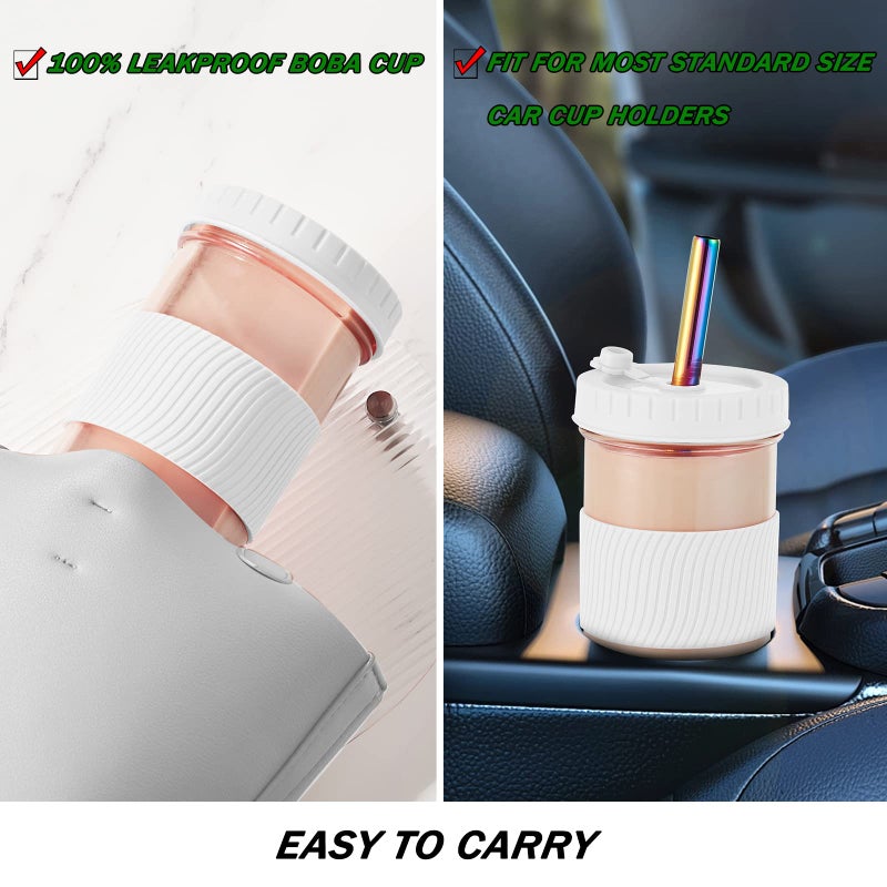 Amyoole 2 Pack Reusable Boba Cup,24Oz Wide Mouth Smoothie Cup,mason Jar Glass Cups with Lids and Straws,Bubble/Boba Tea Cups,Ice Coffee Tumbler 2 colored straws 1 sponge brush(White) - Image 5